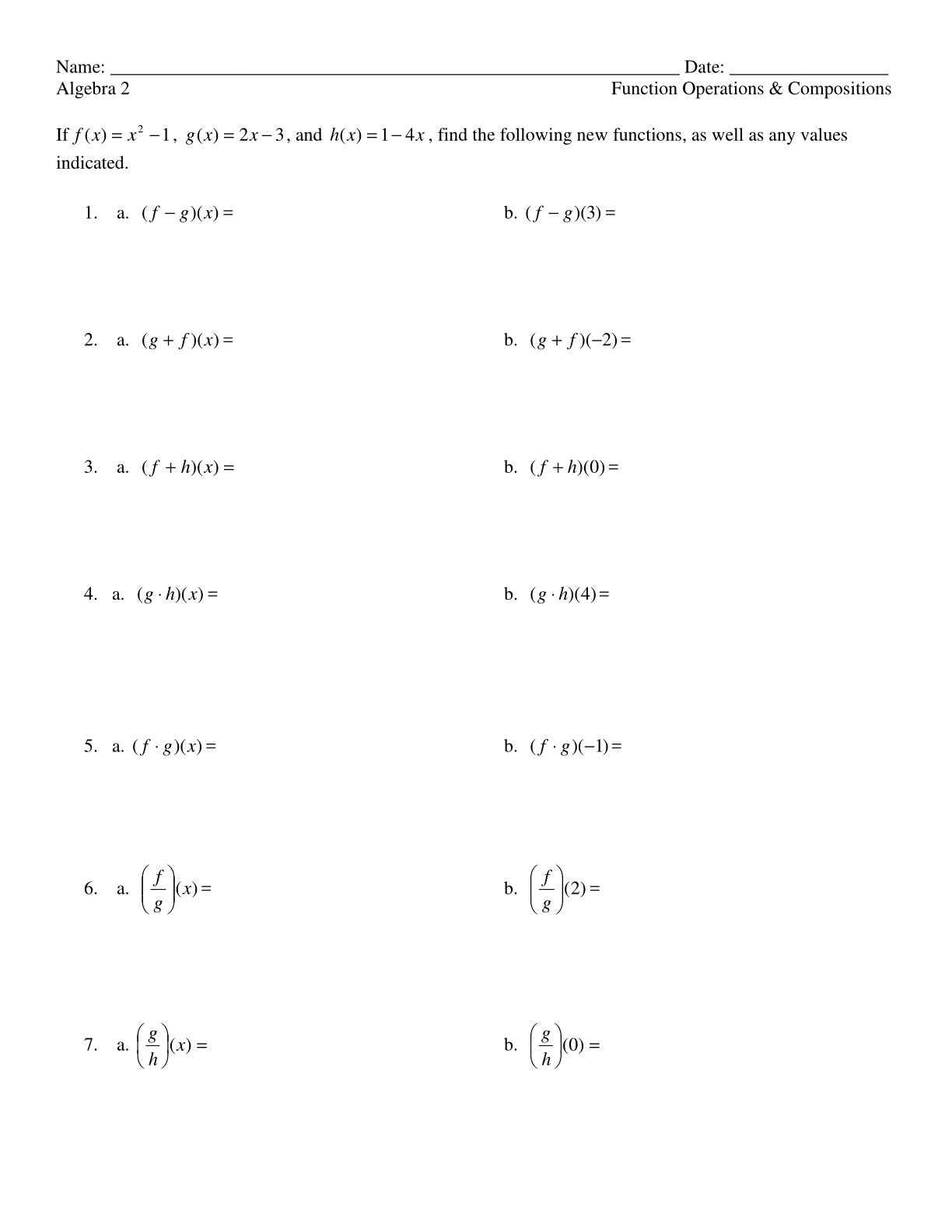 functions Pertaining To Function Operations And Composition Worksheet